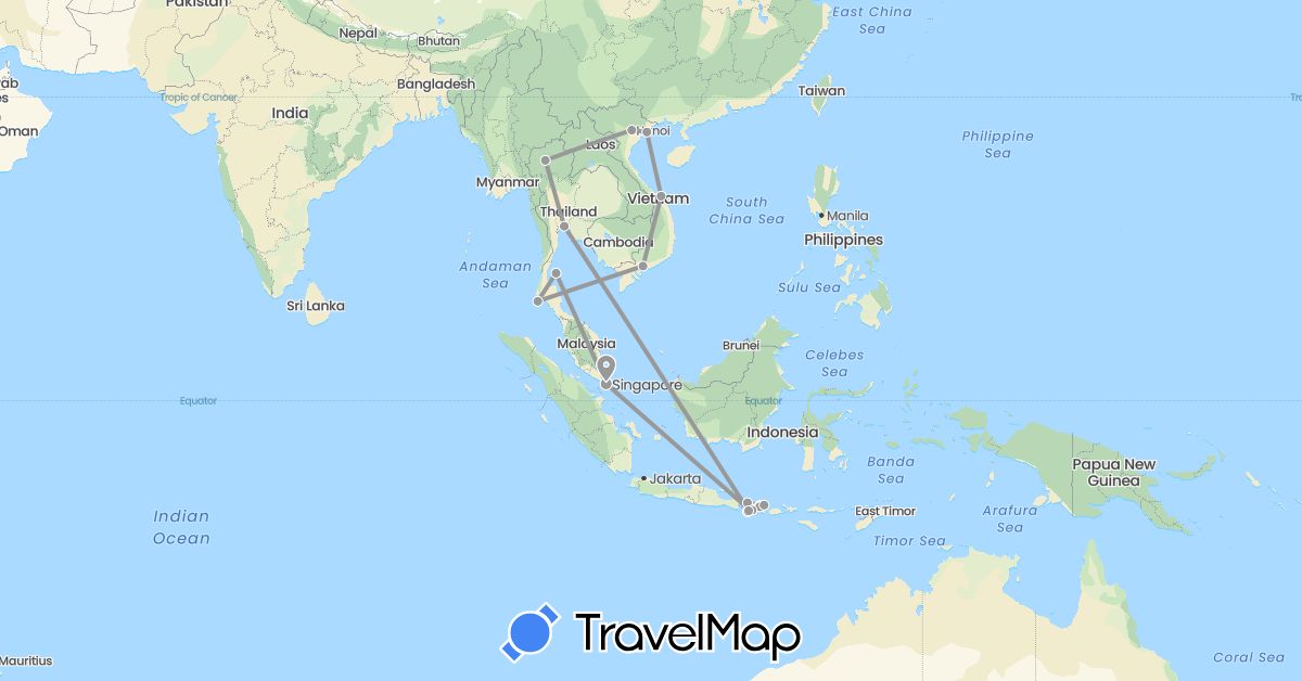 TravelMap itinerary: driving, plane in Indonesia, Singapore, Thailand, Vietnam (Asia)